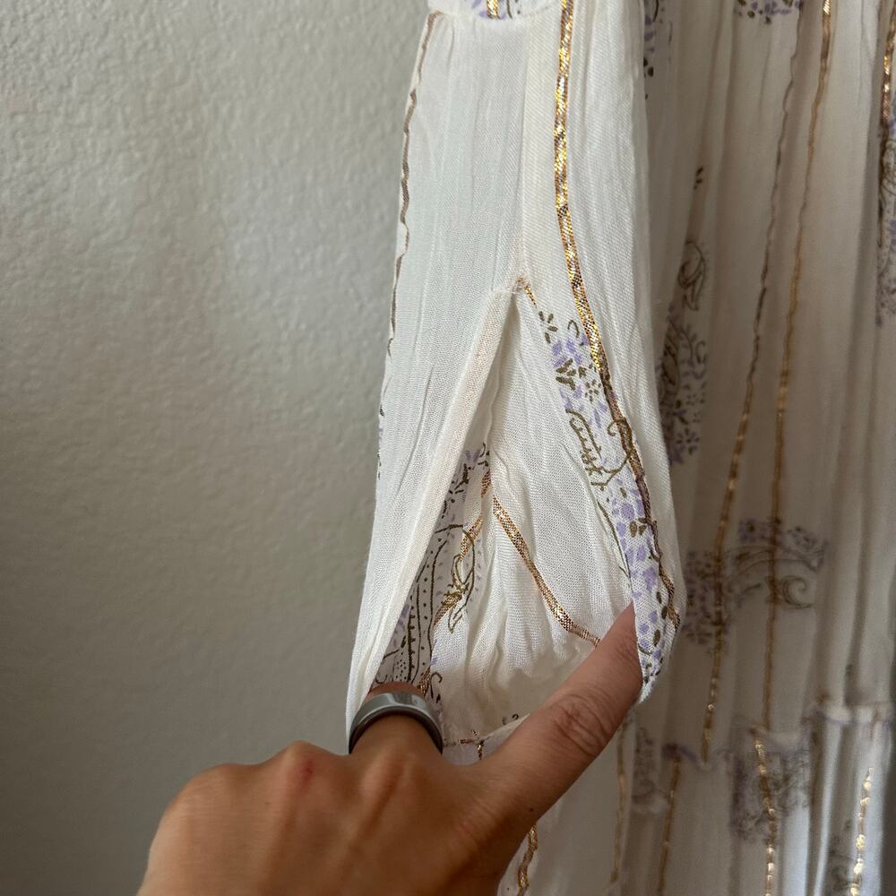 Boho Paisley Tiered Metallic Maxi Dress Festival Cottagecore White - Picture 8 of 9